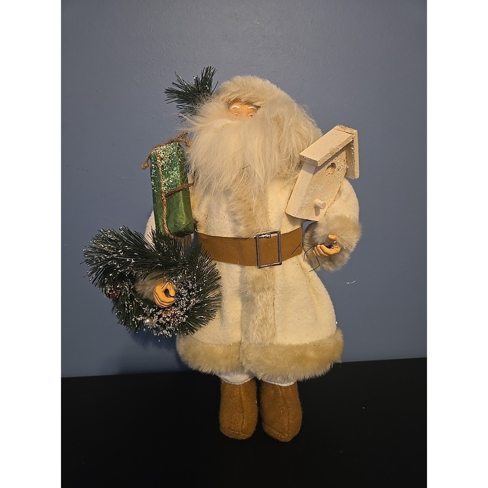 Santa Claus Figurine White Cream Holding Bird House Reef And Present